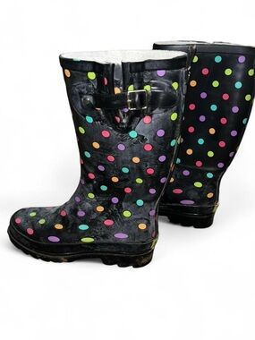 Western Chief Black Rain Boots with Multicolor Polka Dots